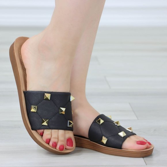 Shoes - Black Flat Comfort Flexible Sandal Slip On Sliders Trendy Gold Studs Glittery To